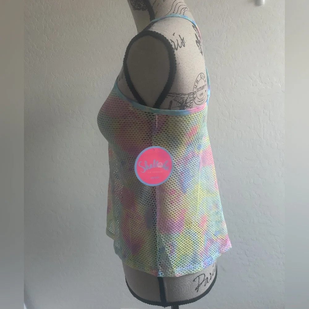 🆕 Tie-dye Rainbow Multicolor Mesh Fishnet Tank Top Swimsuit cover festival_6
